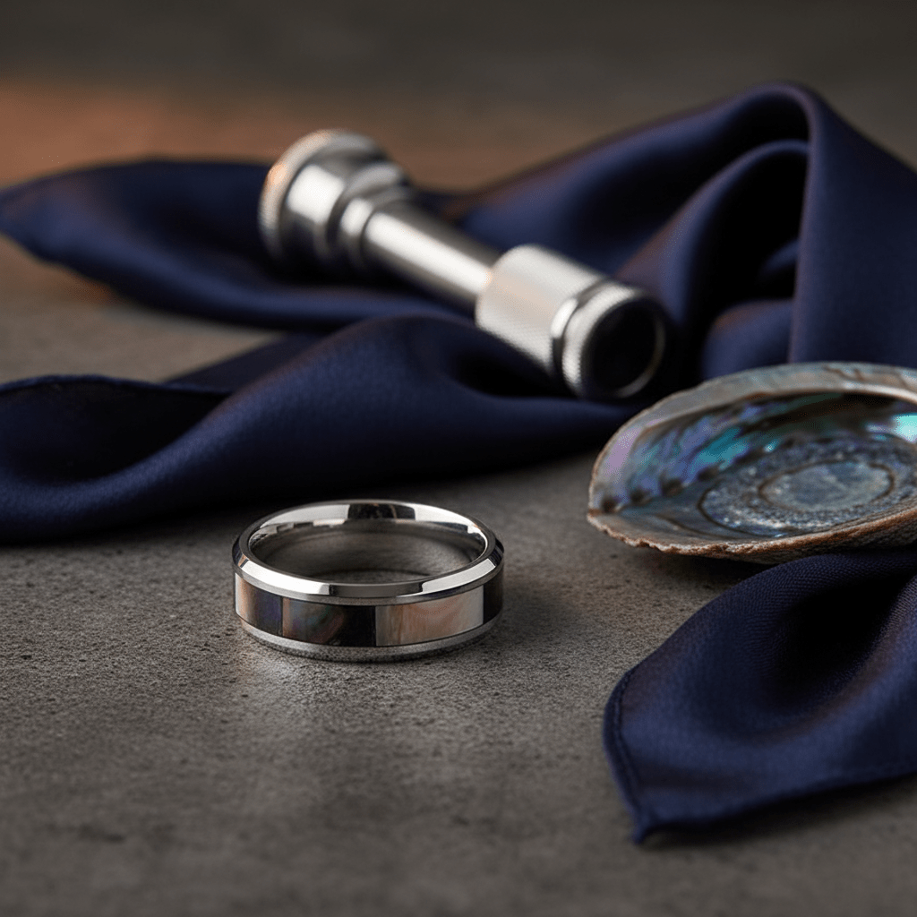 SCORPIO — Editorial masculine still life — men's tungsten wedding ring.