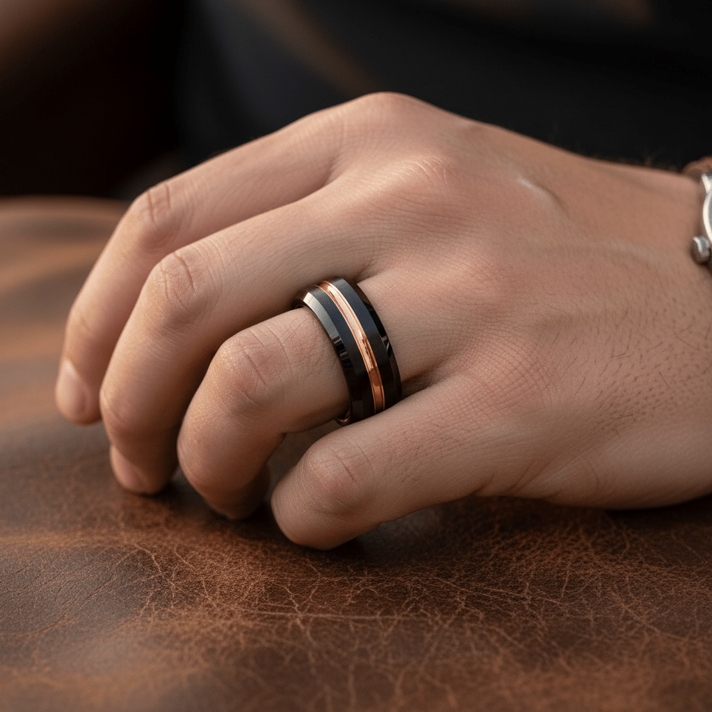 SENNA — Lifestyle photo on hand — men's tungsten wedding ring.