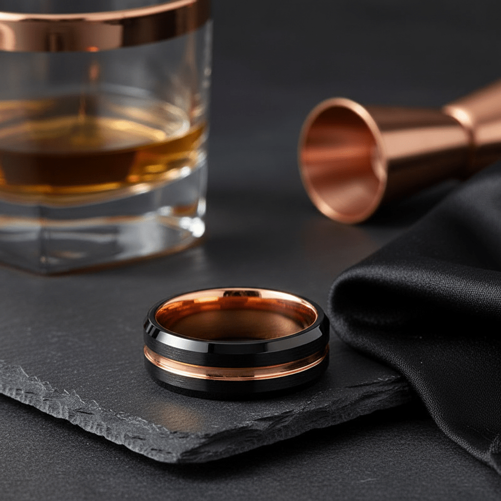 SENNA — Editorial masculine still life — men's tungsten wedding ring.