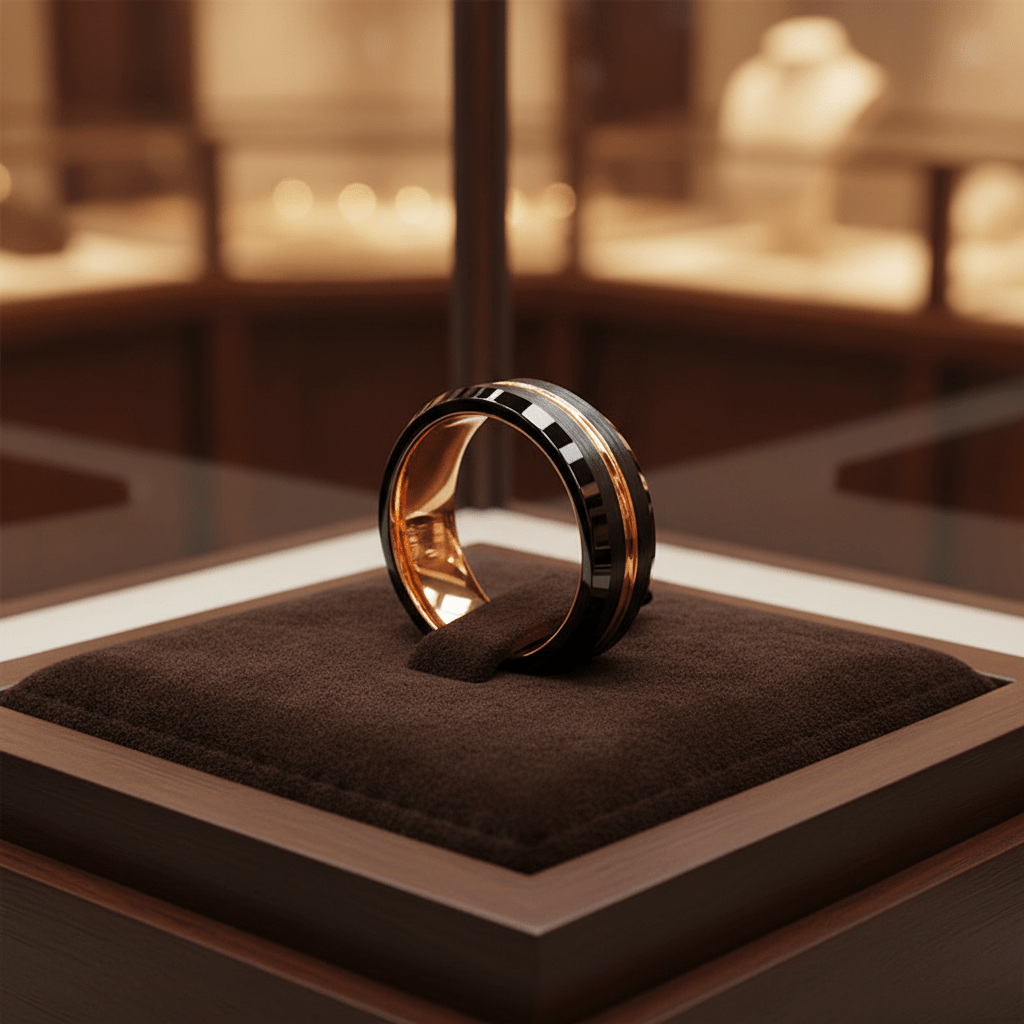 SENNA — Premium boutique display on velvet — men's tungsten wedding ring.
