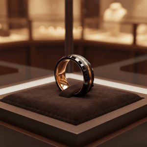 SENNA — Premium boutique display on velvet — men's tungsten wedding ring.