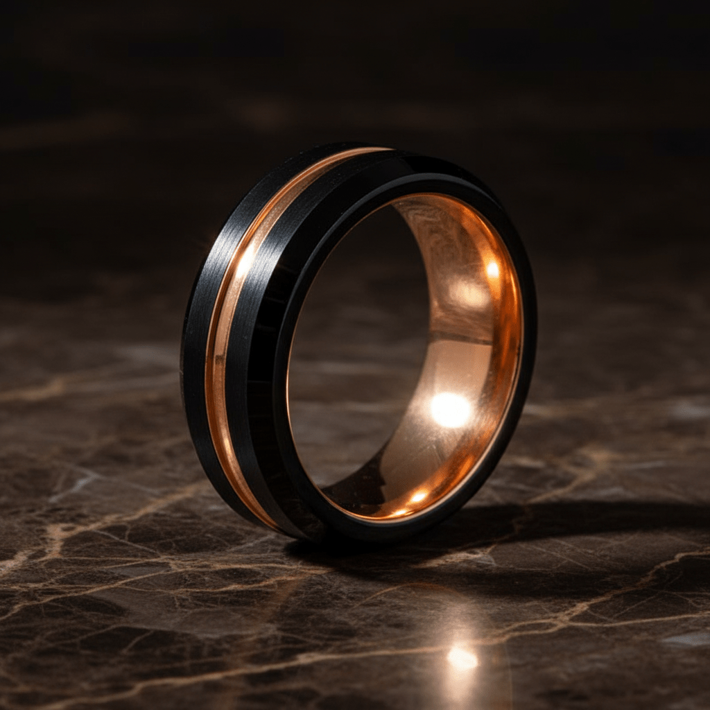 SENNA — Luxury 3/4 angle on dark marble — men's tungsten wedding ring.