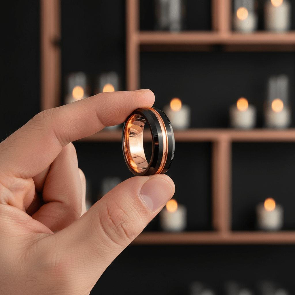SENNA — Held between fingers close-up — men's tungsten wedding ring.