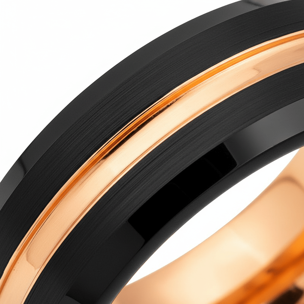 SENNA — Extreme macro detail — men's tungsten wedding ring.
