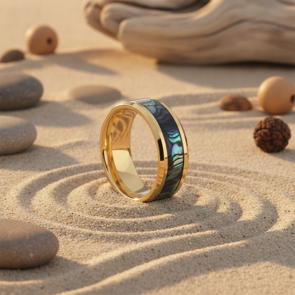 Aydins SHORELINE | Gold-Plated Tungsten Ring, Mother of Pearl Inlay lifestyle scene, beach zen