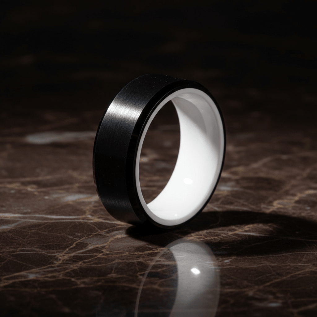 SIGMA — Luxury 3/4 angle on dark marble — men's tungsten wedding ring.