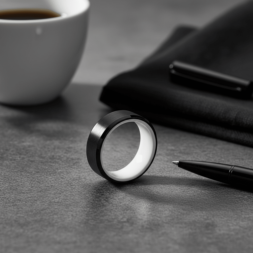 SIGMA — Editorial masculine still life — men's tungsten wedding ring.