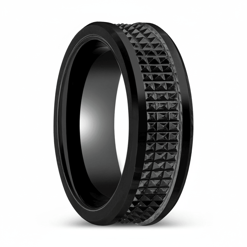 SILVERFANGNOIR — Hero product shot — men's tungsten wedding ring.