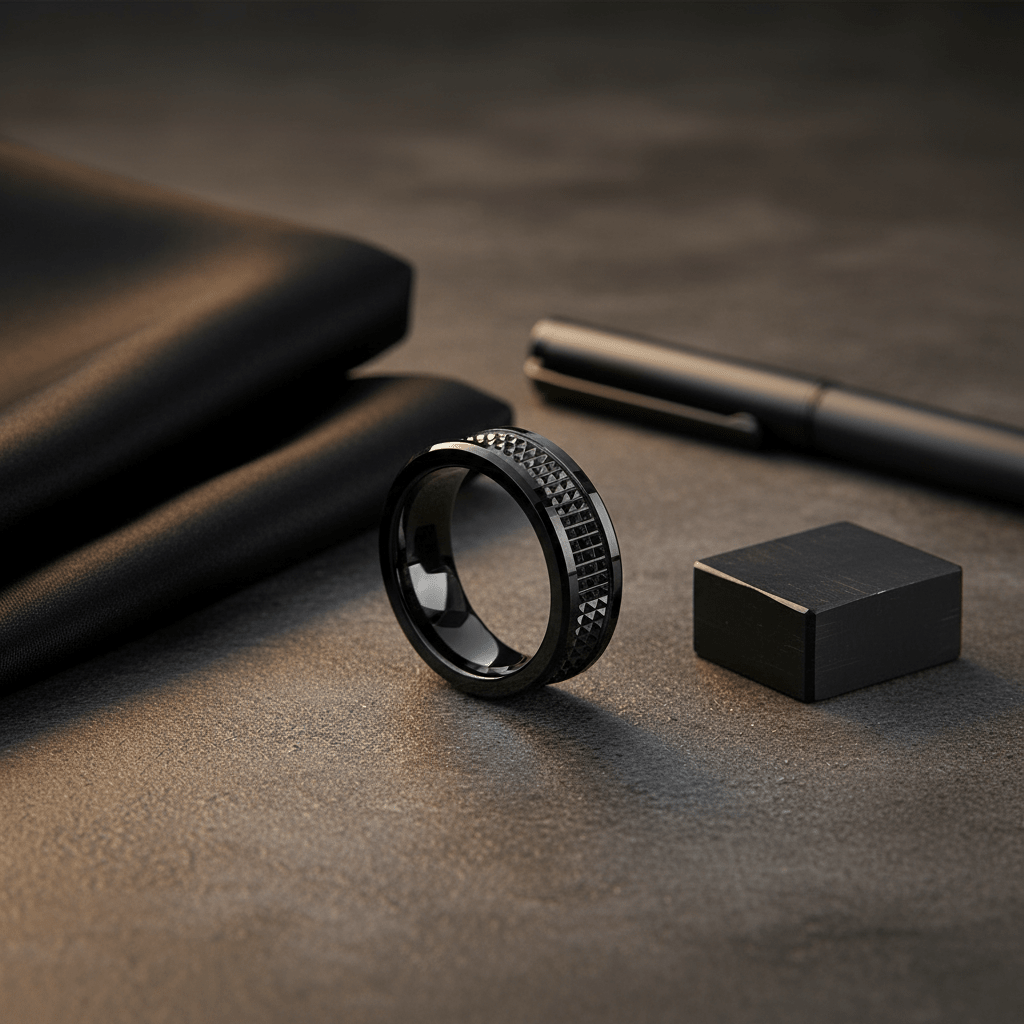 SILVERFANGNOIR — Editorial masculine still life — men's tungsten wedding ring.