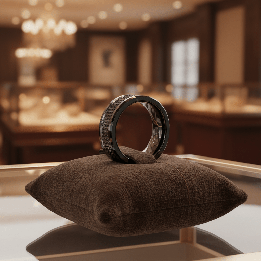 SILVERFANGNOIR — Premium boutique display on velvet — men's tungsten wedding ring.