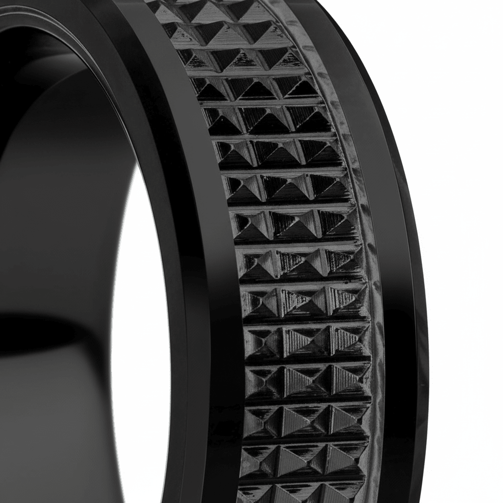 SILVERFANGNOIR — Extreme macro detail — men's tungsten wedding ring.