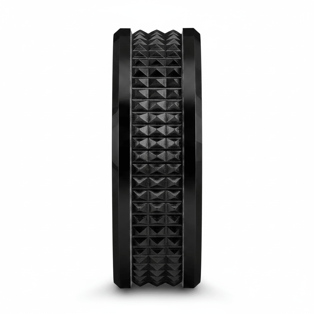 SILVERFANGNOIR — Front-facing straight-on view — men's tungsten wedding ring.