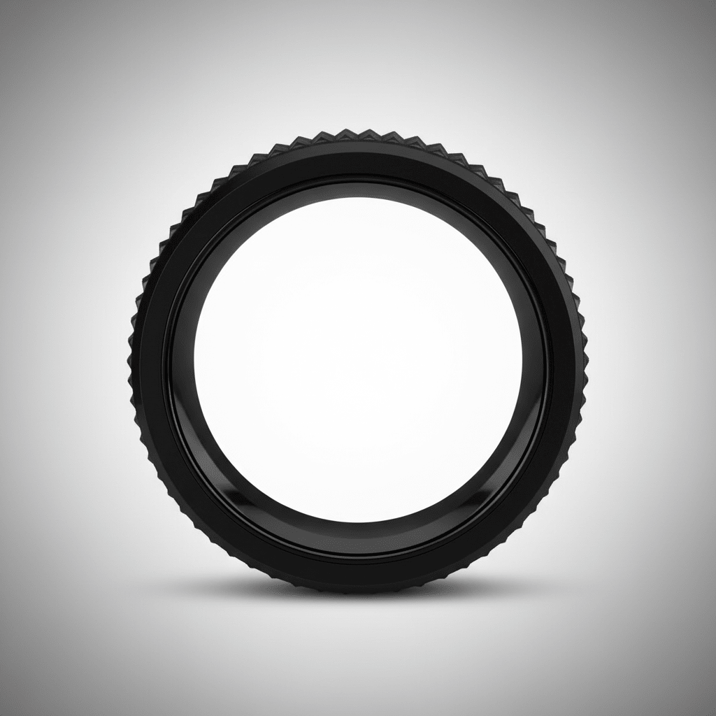 SILVERFANGNOIR — Center-through axial view — men's tungsten wedding ring.