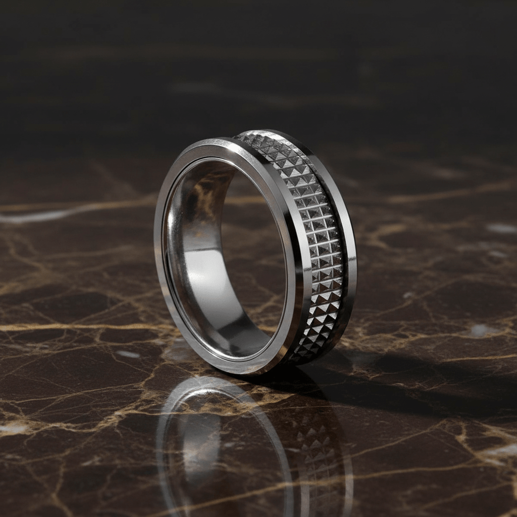 SILVERFANG — Luxury 3/4 angle on dark marble — men's tungsten wedding ring.