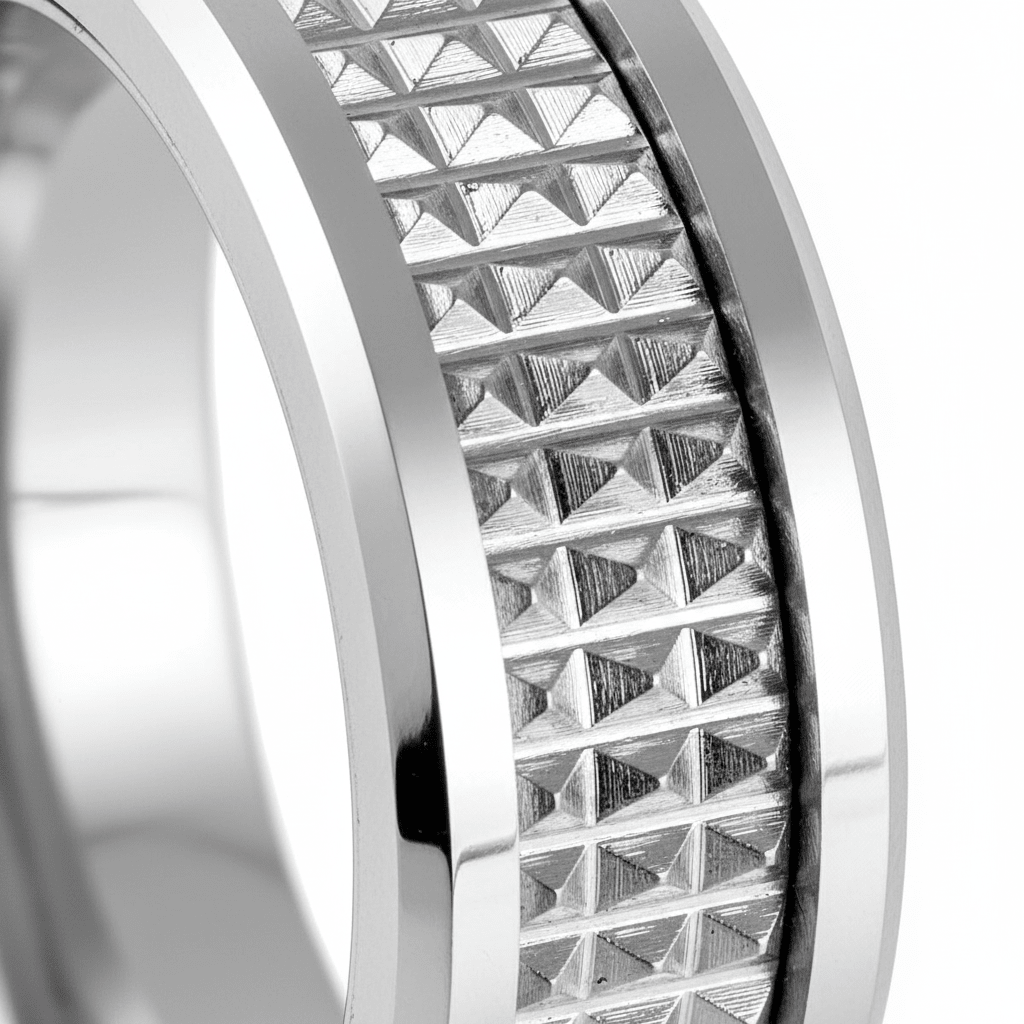 SILVERFANG — Extreme macro detail — men's tungsten wedding ring.