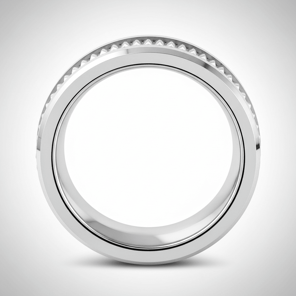SILVERFANG — Center-through axial view — men's tungsten wedding ring.