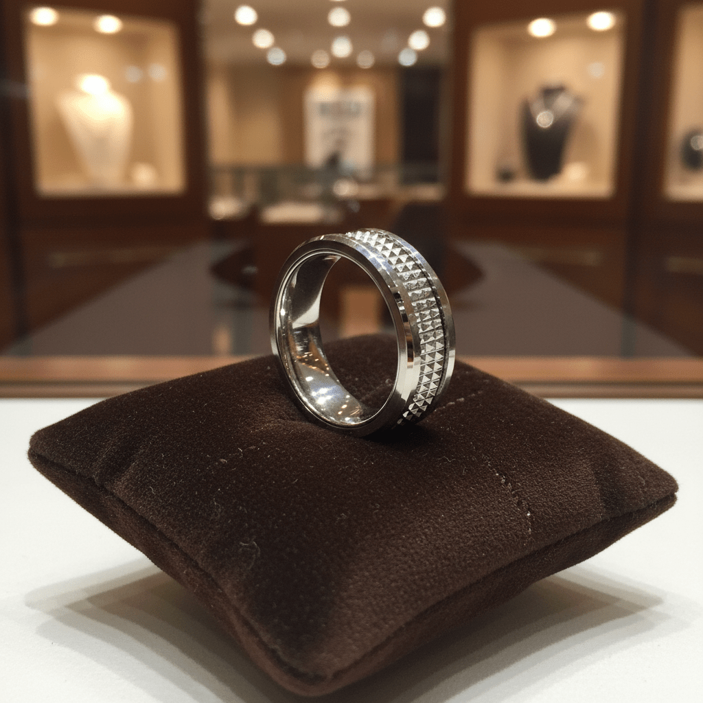 SILVERFANG — Premium boutique display on velvet — men's tungsten wedding ring.