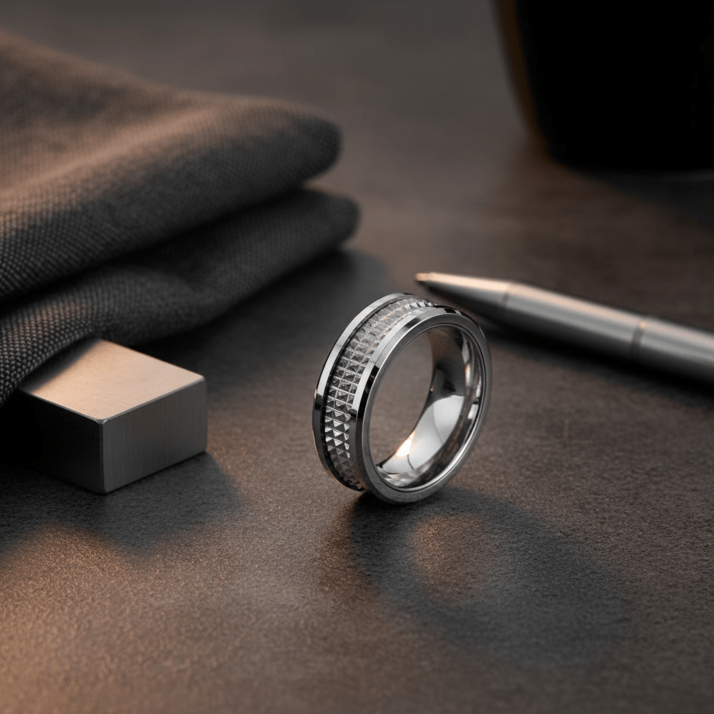 SILVERFANG — Editorial masculine still life — men's tungsten wedding ring.