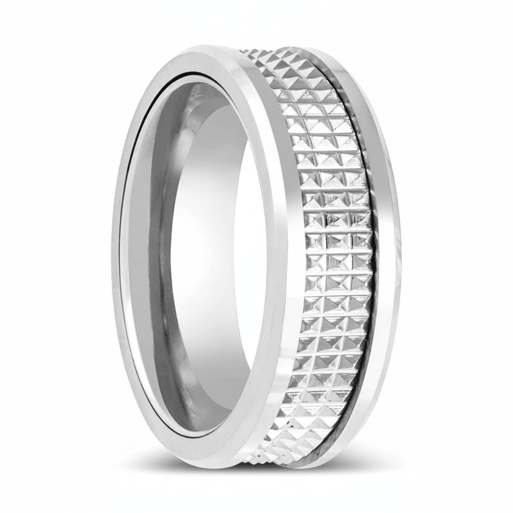 SILVERFANG — Hero product shot — men's tungsten wedding ring.