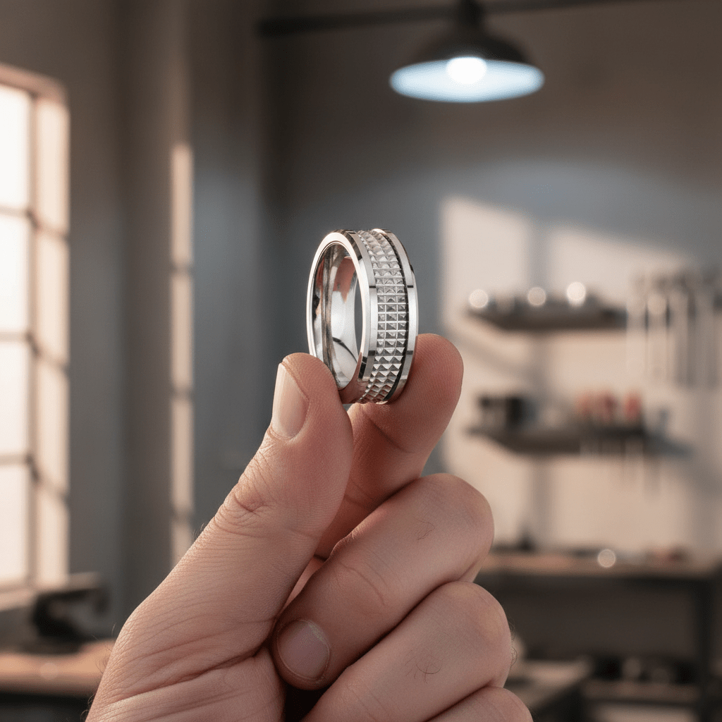SILVERFANG — Held between fingers close-up — men's tungsten wedding ring.