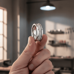 SILVERFANG — Held between fingers close-up — men's tungsten wedding ring.