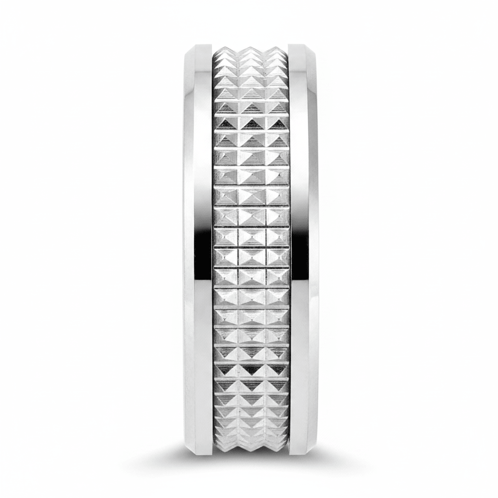 SILVERFANG — Front-facing straight-on view — men's tungsten wedding ring.