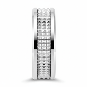 SILVERFANG — Front-facing straight-on view — men's tungsten wedding ring.