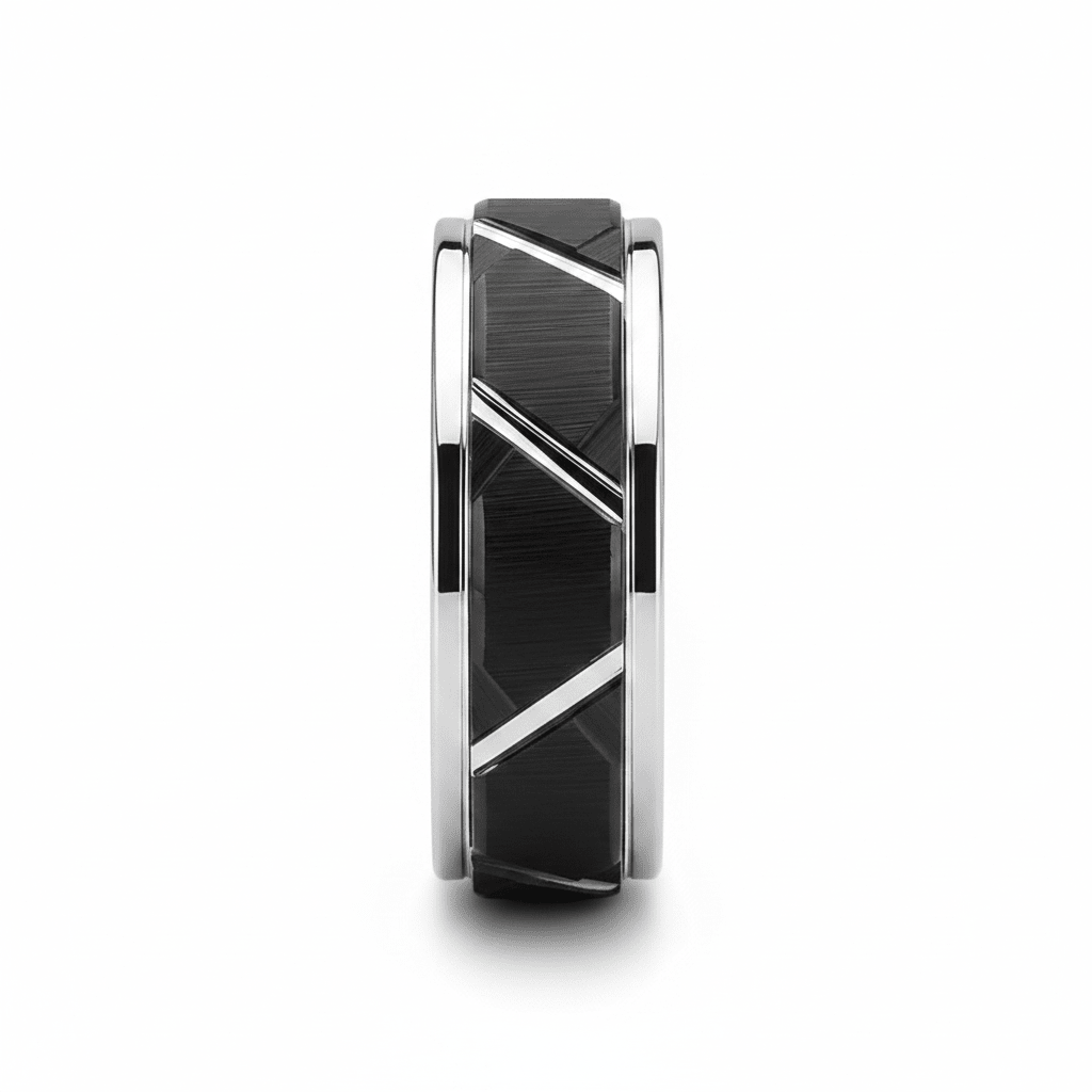 SILVERTROID — angled view — men's tungsten carbide wedding ring | Aydins Jewelry