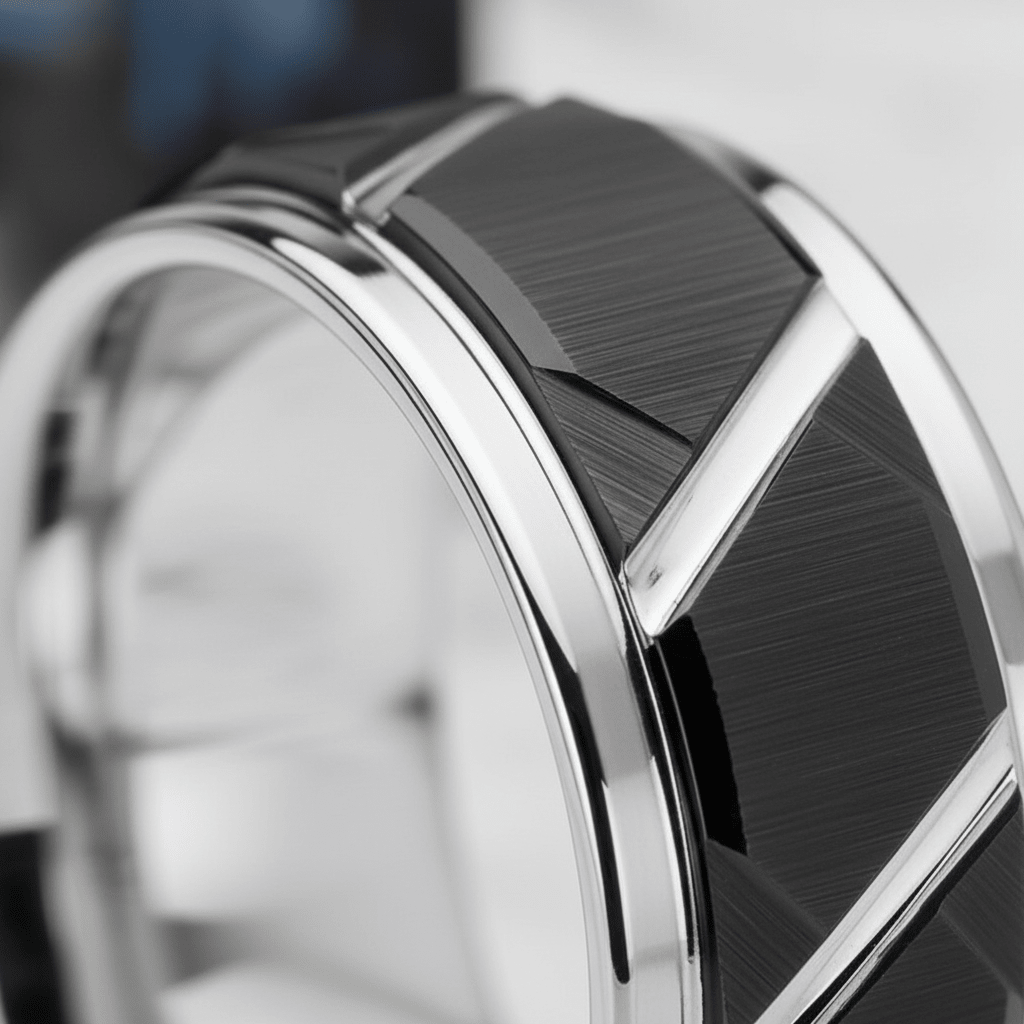 SILVERTROID — close-up detail — men's tungsten carbide wedding ring | Aydins Jewelry
