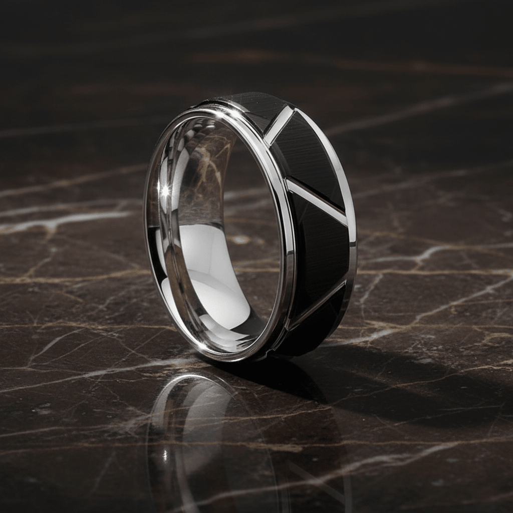 SILVERTROID — detail view — men's tungsten carbide wedding ring | Aydins Jewelry