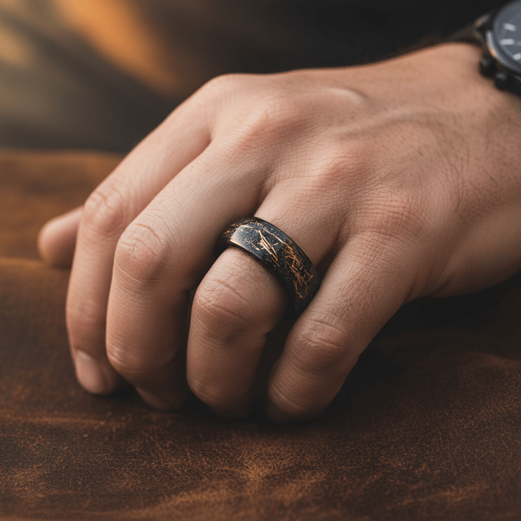 SLICK — Lifestyle photo on hand — men's tungsten wedding ring.