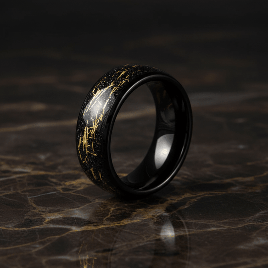 SLICK — Luxury 3/4 angle on dark marble — men's tungsten wedding ring.