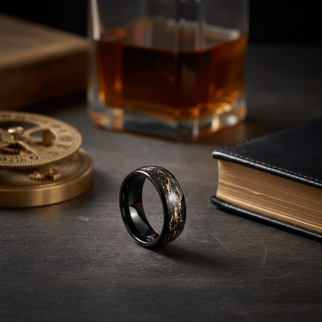 SLICK — Editorial masculine still life — men's tungsten wedding ring.