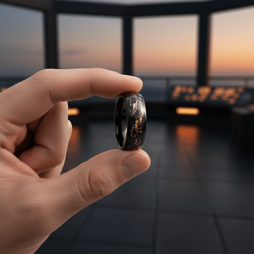 SLICK — Held between fingers close-up — men's tungsten wedding ring.