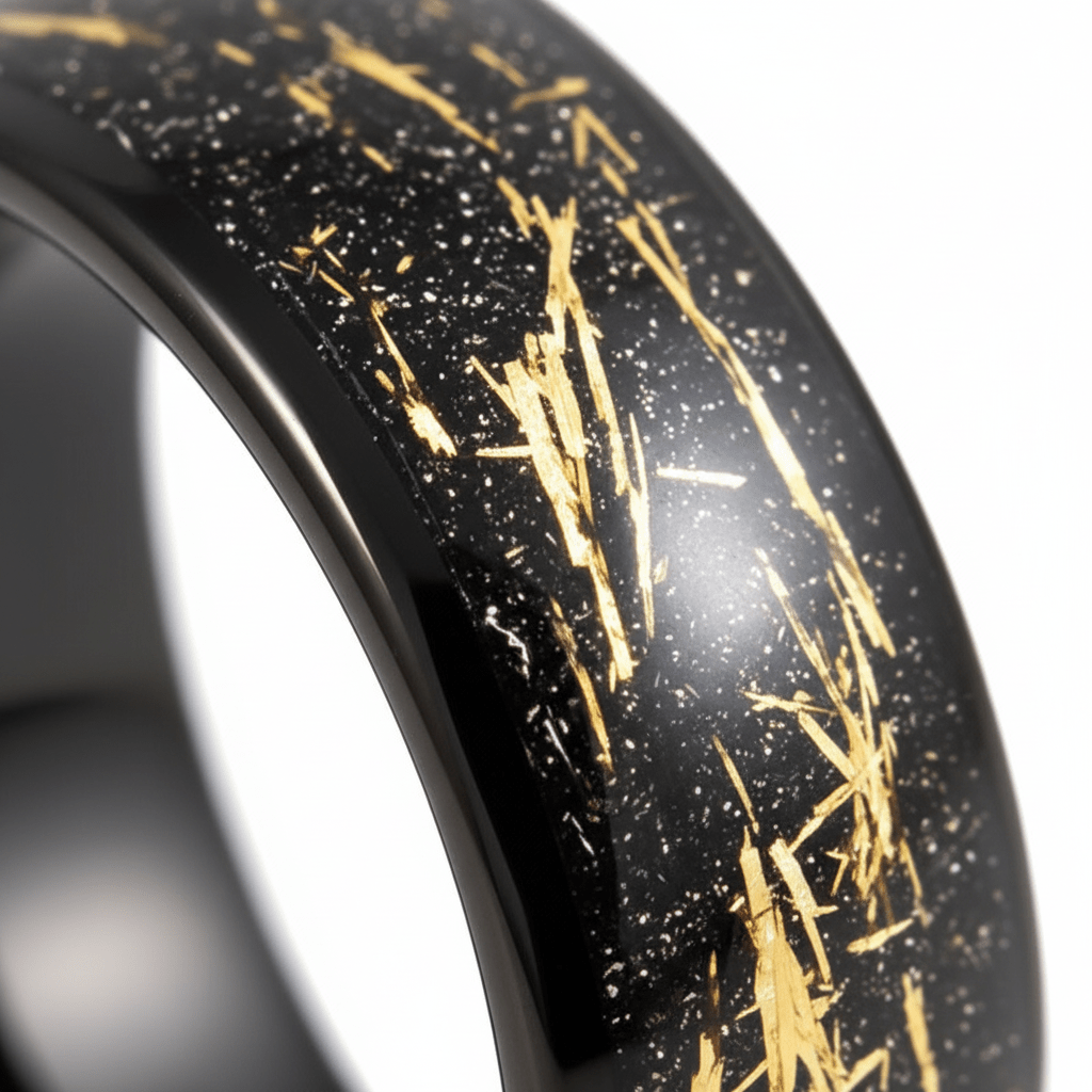 SLICK — Extreme macro detail — men's tungsten wedding ring.