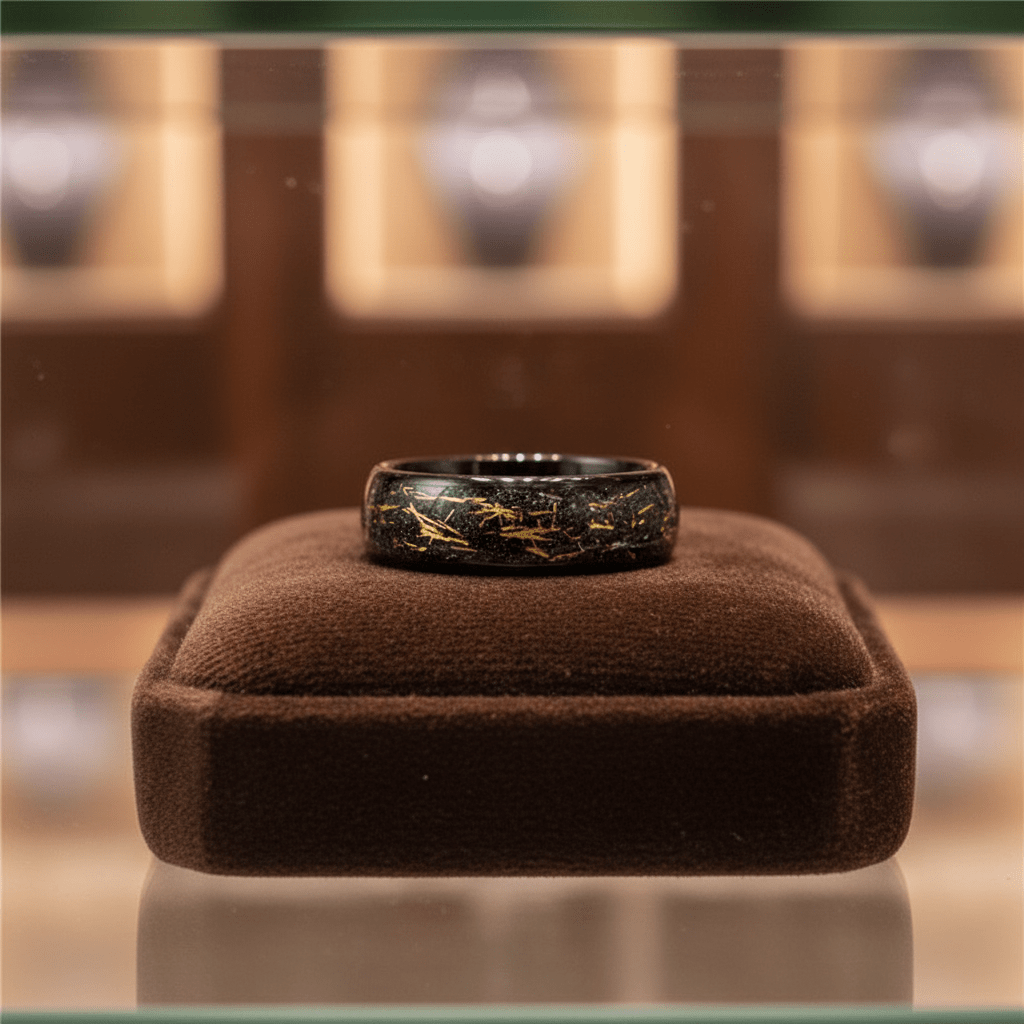 SLICK — Premium boutique display on velvet — men's tungsten wedding ring.