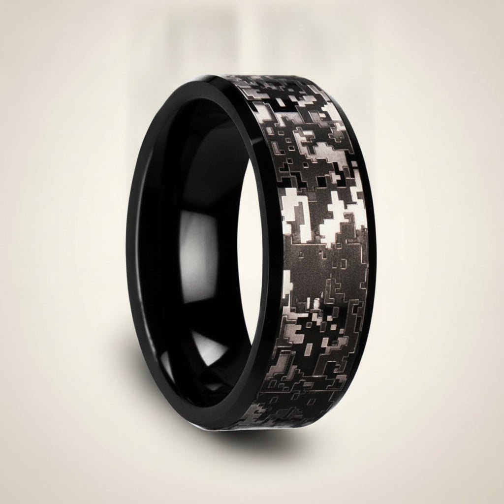 SMOKESCREEN black tungsten carbide wedding band with engraved digital camouflage pattern running around the band and polished edges, studio hero shot