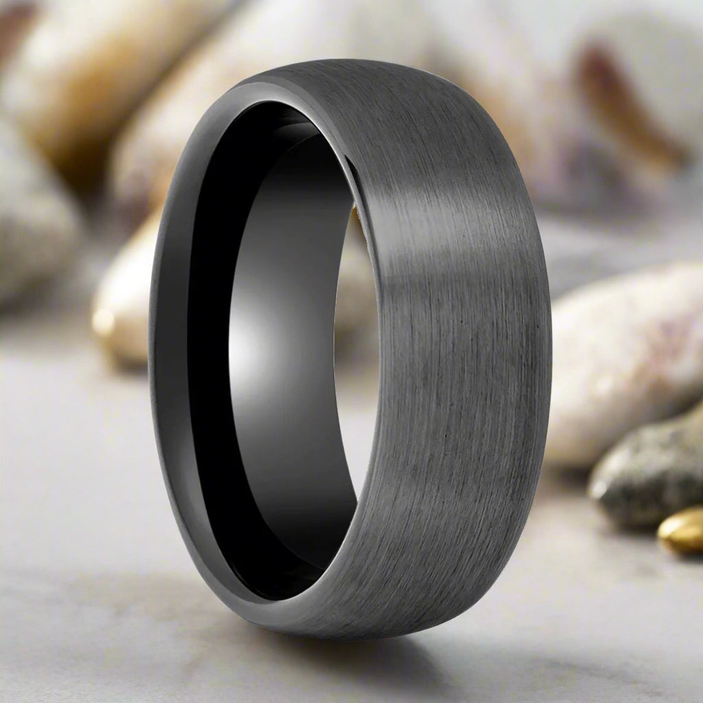 Brushed gun metal tungsten wedding ring, top view