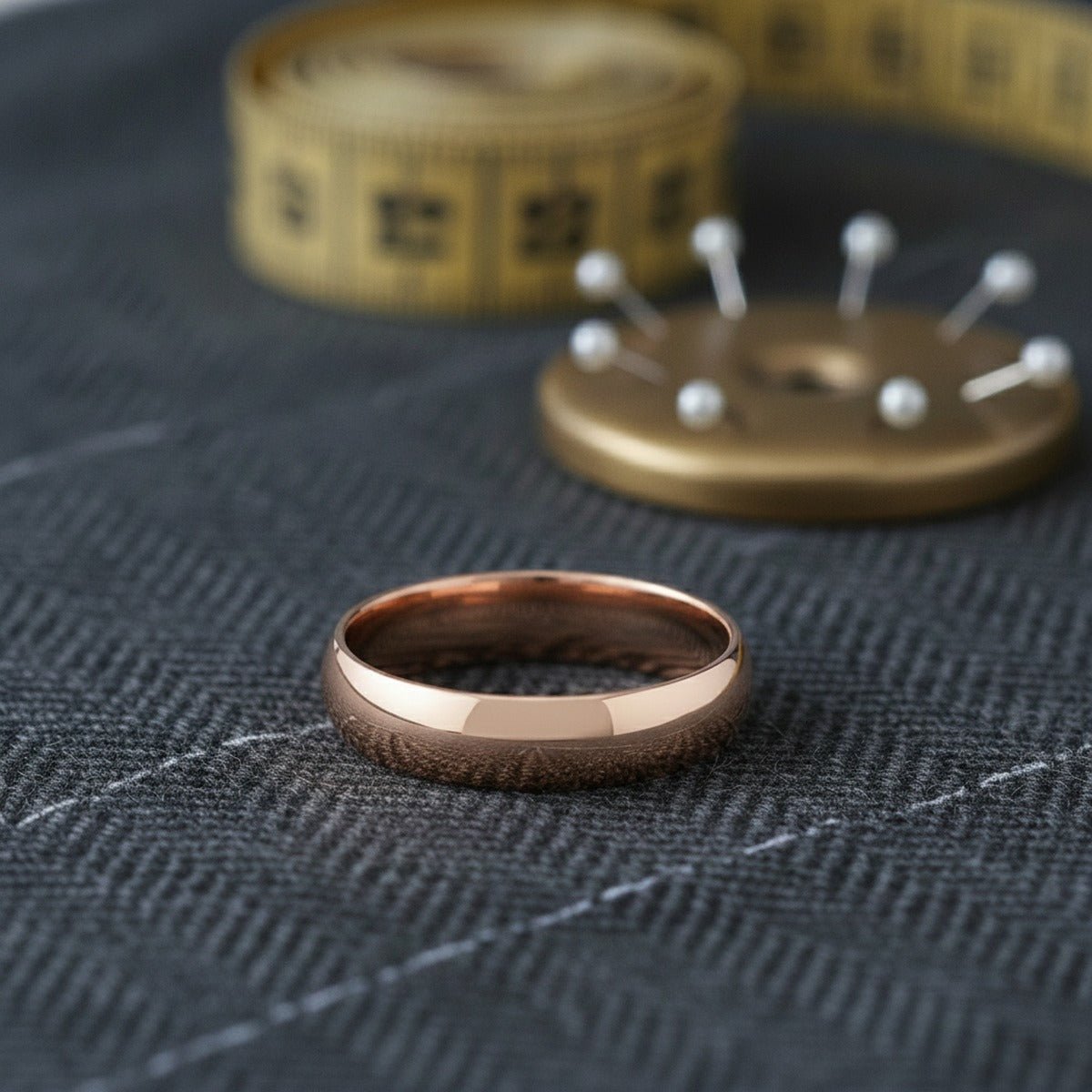 Aydins SOL | Tungsten Ring Rose Gold lifestyle scene, tailor shop