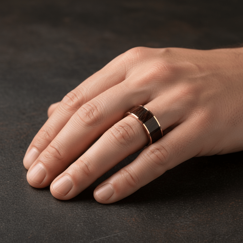 Bubinga Wood inlay 14k yellow gold wedding band 8mm, angled view