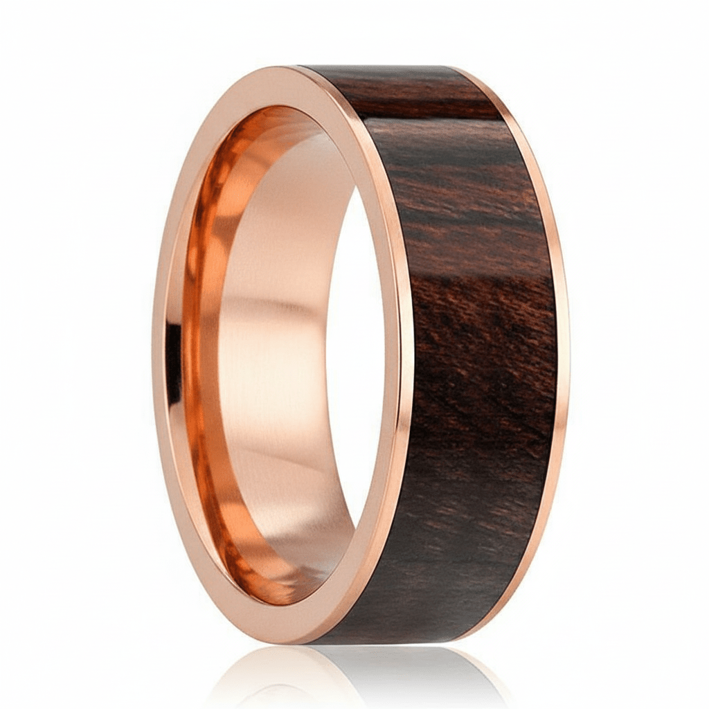 Bubinga Wood inlay 14k yellow gold wedding band 8mm, additional view 6