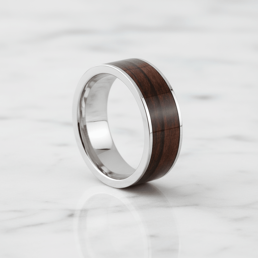 Bubinga Wood inlay 14k yellow gold wedding band 8mm, additional view 9