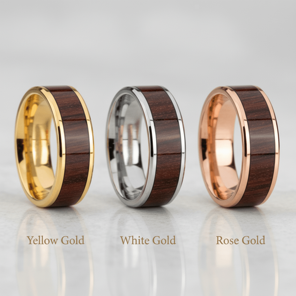 Bubinga Wood inlay 14k yellow gold wedding band 8mm, top view