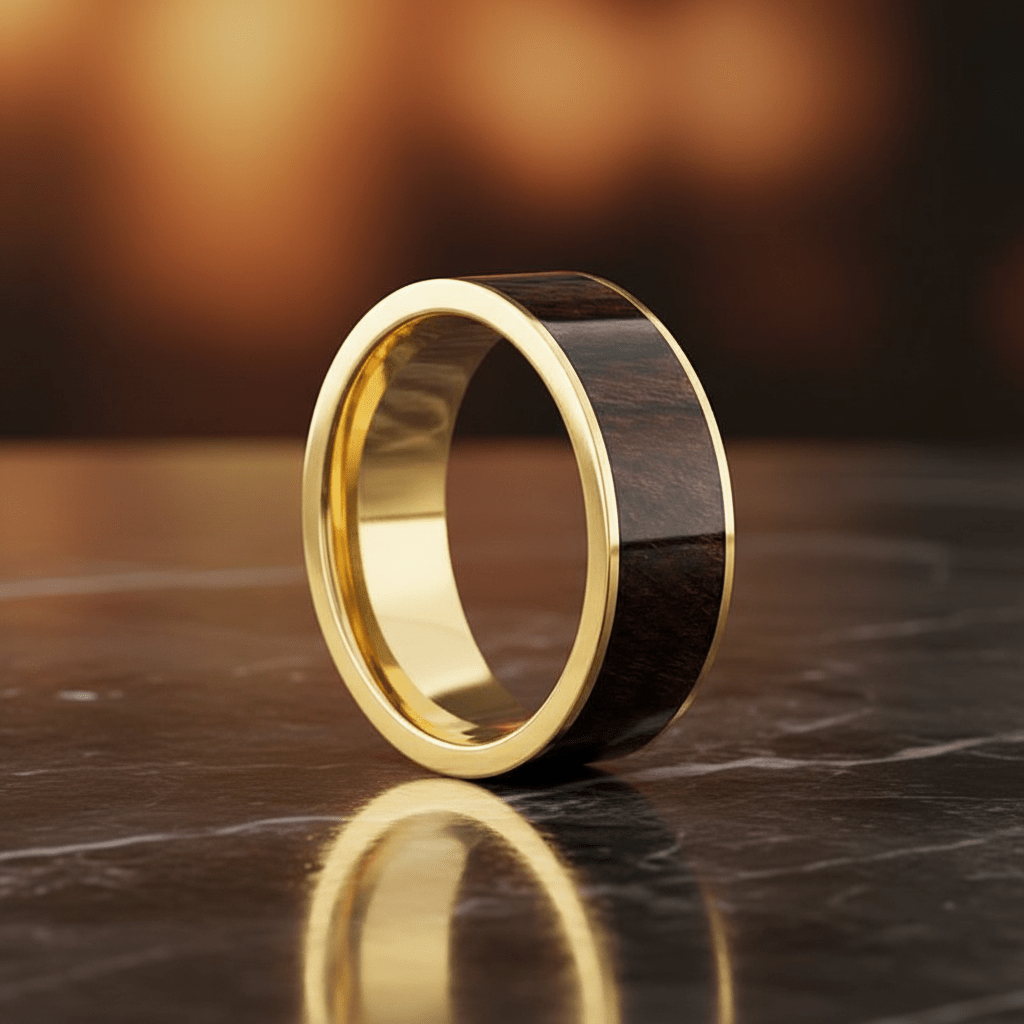 Bubinga Wood inlay 14k yellow gold wedding band 8mm, additional view 8