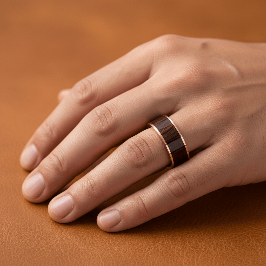 Bubinga Wood inlay 14k yellow gold wedding band 8mm, additional view 7
