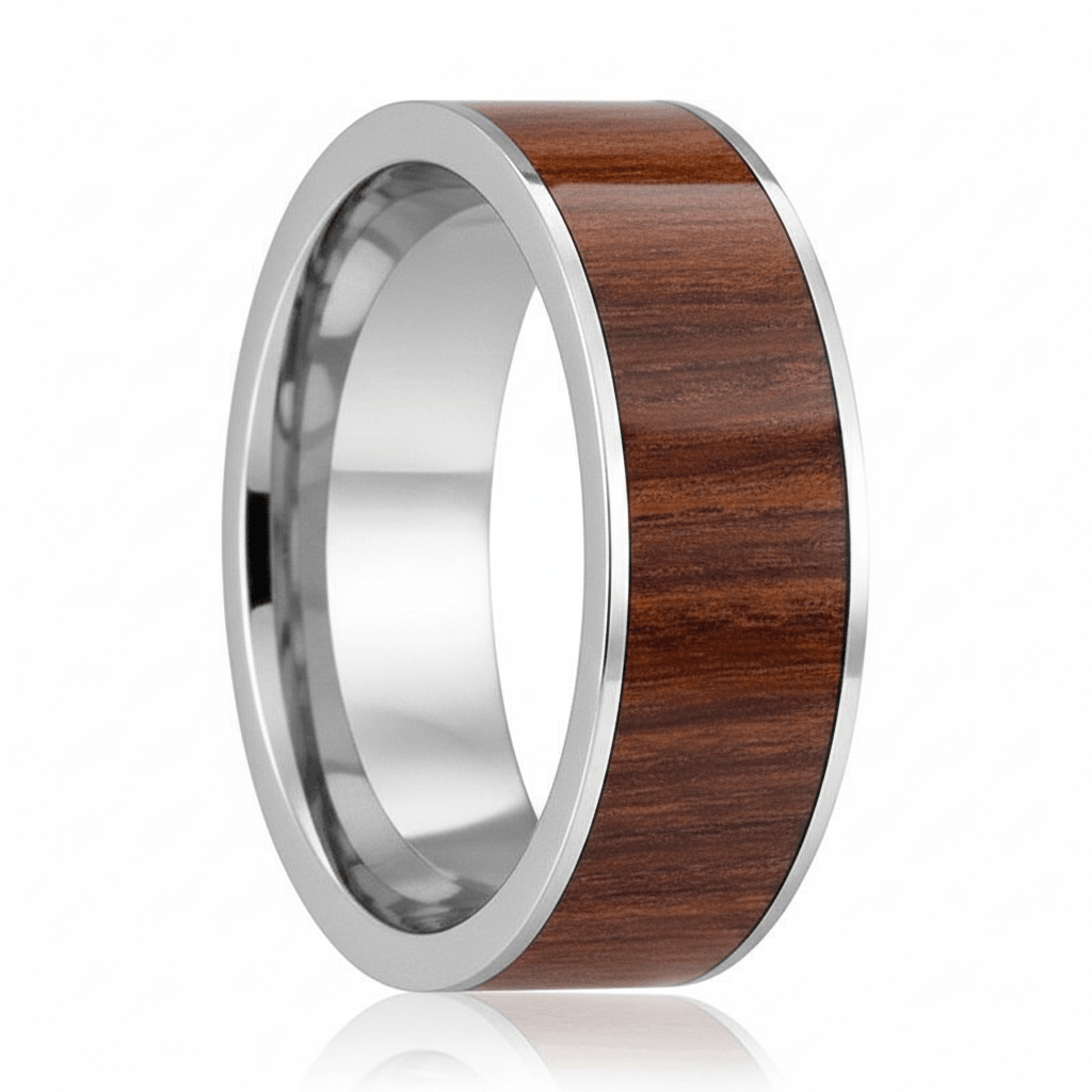 Bubinga Wood inlay 14k yellow gold wedding band 8mm, close-up of inlay