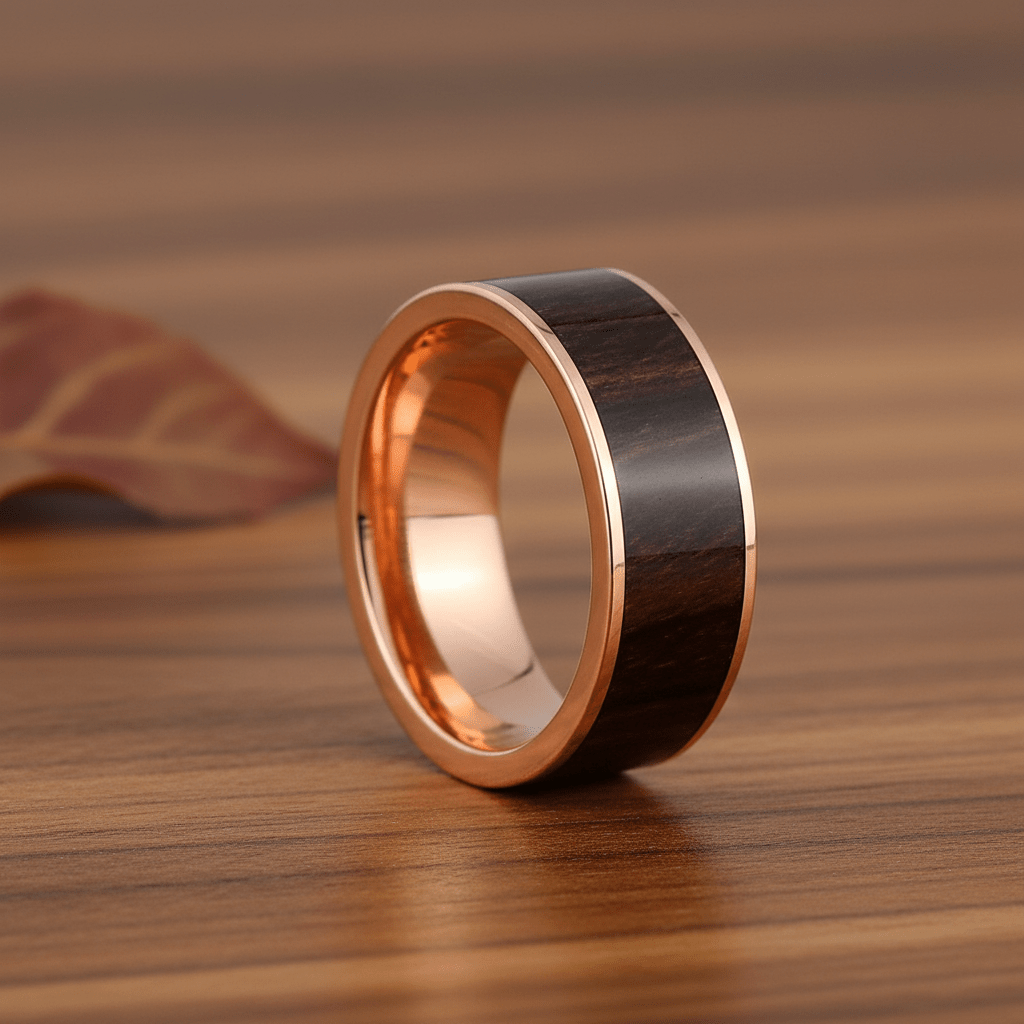 Bubinga Wood inlay 14k yellow gold wedding band 8mm, additional view 10
