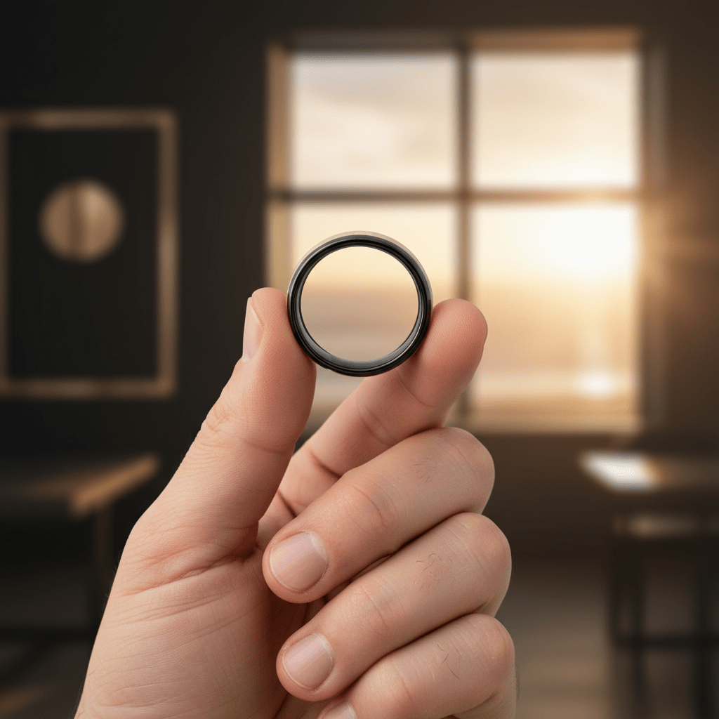 SOLSTICE — Held between fingers close-up — men's tungsten wedding ring.