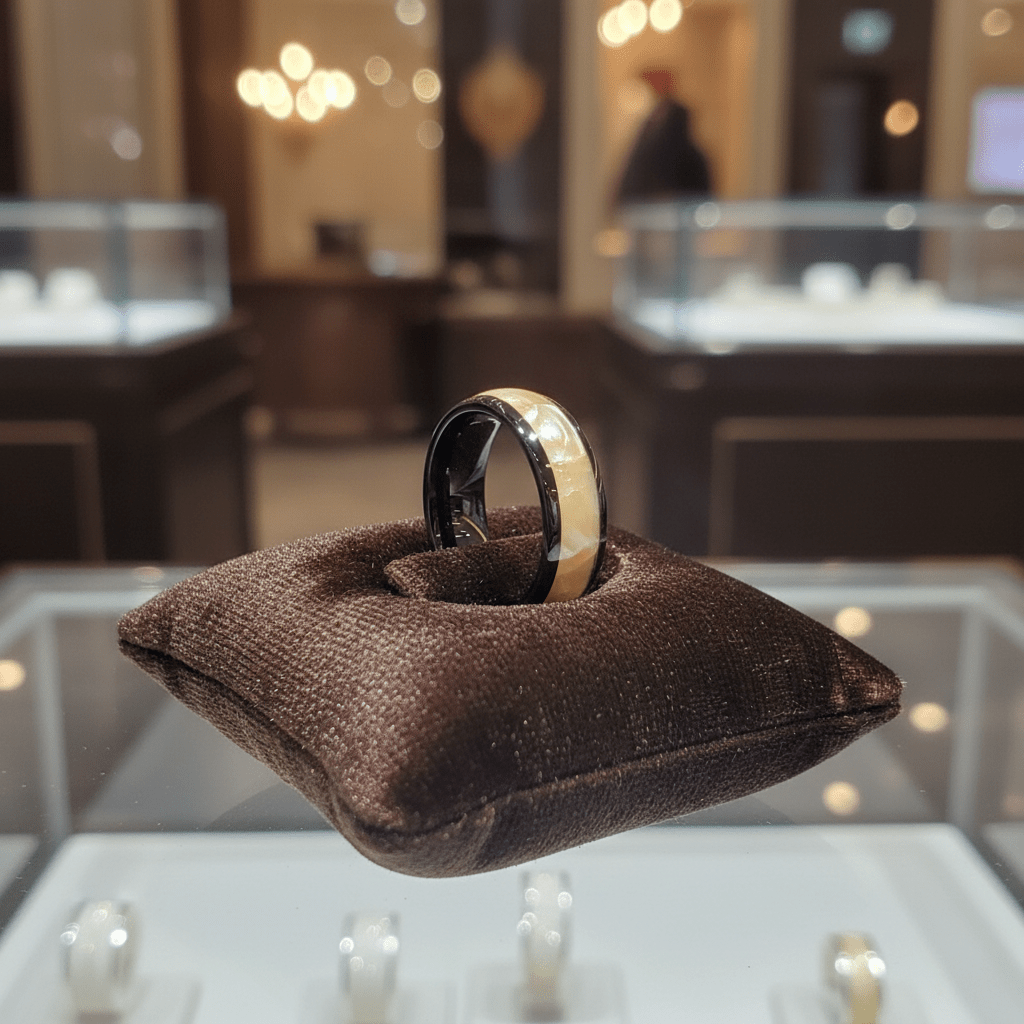 SOLSTICE — Premium boutique display on velvet — men's tungsten wedding ring.