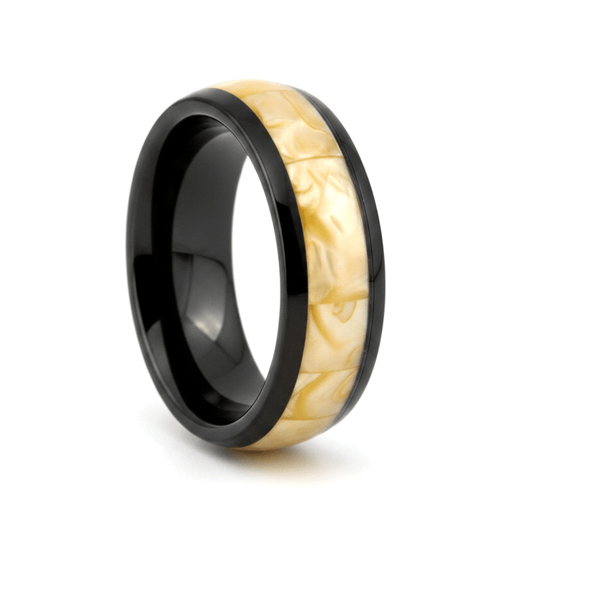 SOLSTICE black tungsten ring with golden mother of pearl inlay - front view